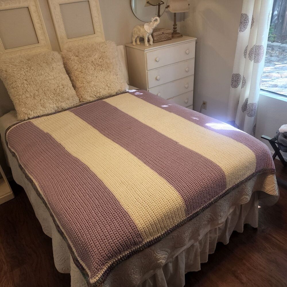 Hand Crochet Striped Lavender Ivory Afghan Throw Variegated Trim